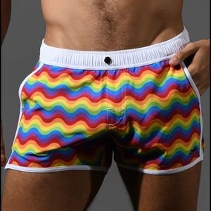 Andrew Christian Colorful Wave Pattern Men's Swim Shorts w/ HANGFREE Mesh Liner